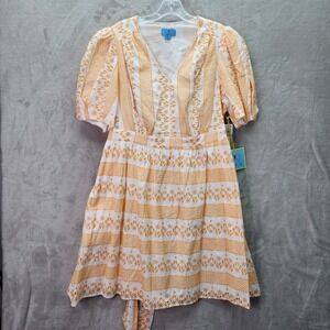 CeCe Dress Womens 1X White Orange Embroidered Puff Sleeve Tie Waist Beach Summer